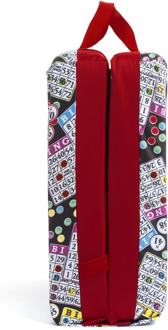 Classic Bingo Pattern Seat Cushion – Extra Thick 3” Bingo Pillow with Strap, Storage Pouch & Handles – Comfortable Folding Chair Cushion for Bingo Nights (Red)