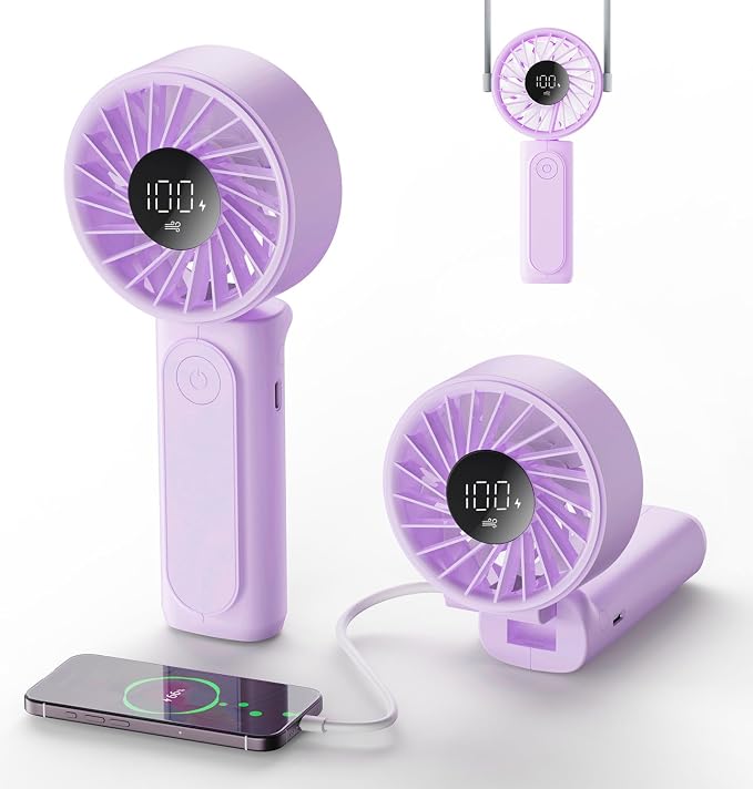 Peiyuu Portable Fan, 4000mAh USB Rechargeable, 180° Foldable Mini Desk Fan, 6 Wind Speed, LCD Digital Display, Lanyard as Neck Fan, Ultra Quiet, Pocket Size for Indoor Outdoor