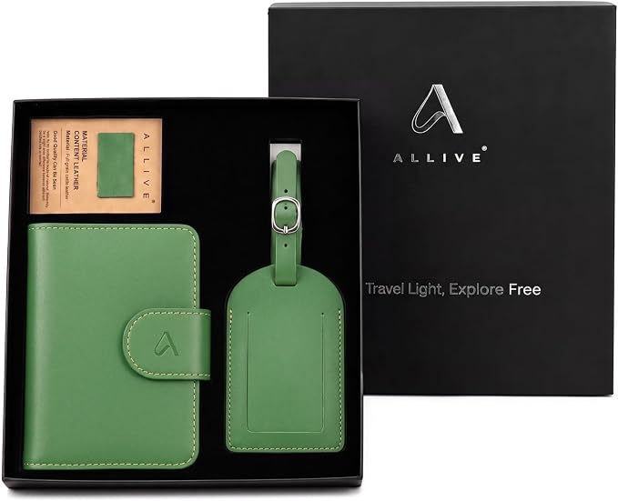 ALLIVE Rfid Passport Holder for Travel Women, Rfid Passport Cover Wallet, Genuine Leather Passport Holder for Travel with AirTag Hidden, Gift Set with Luggage Tag in Premium Gift Box (Avocado Green)