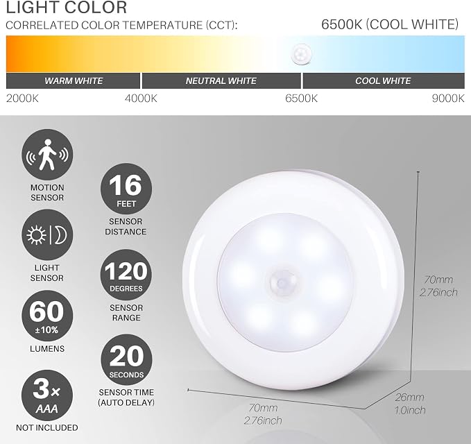 STAR-SPANGLED 2.8” LED Motion Sensor Light Indoor AAA Battery, 6 Pack White | Stick on Puck Light Battery Operated, Round Motion Activated Night Lamp, For Closet Stairs Under Cabinet Kitchen Pantry Shelf