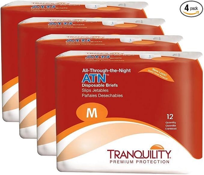 Tranquility Premium ATN Disposable Briefs with Tabs, Overnight Protection Superabsorbent Core for Leak-Free and Full-Fit Comfort, Medium 48ct Case