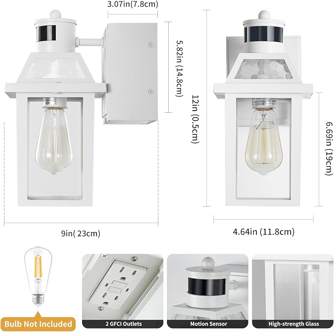 Yisuro Porch Lights with GFCI Outlet, Dusk to Dawn Motion Sensor Outdoor, 3 Lighting Modes Exterior Light Fixture, Outside for House Front Door Patio Garage(White)