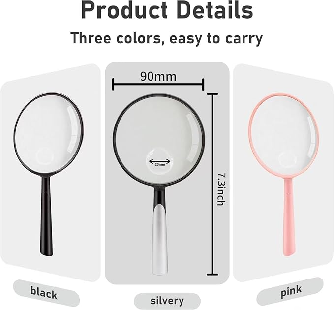 Feosky Handheld Reading Magnifier, 10X Magnifier, 90mm Shatterproof Lens, Adults Close Work Non-Slip Handle for Seniors Reading and Nature Exploration, Insect and Hobby Observation(Pink)