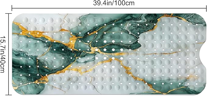 LNOND Marble Bath Tub Mat Non Slip, Extra Long 40 X 16 Inch Anti Slip Mat for Bathtub, Green Gold Marble Shower Mat with Drain Holes and Suction Cups, Machine Washable