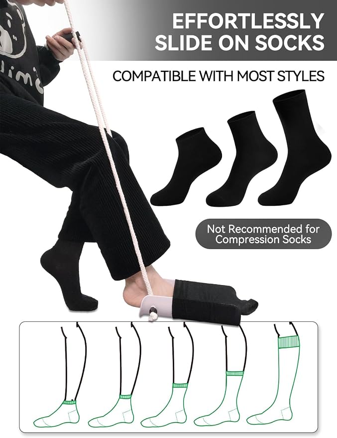 Sock Aid Device for Seniors and Shoe Horn Kit - Sock Helper Easy On and Off, Sock Assistant Device No Bending, Adjustable Extended Long Shoe Horn Back Scratcher for Senior