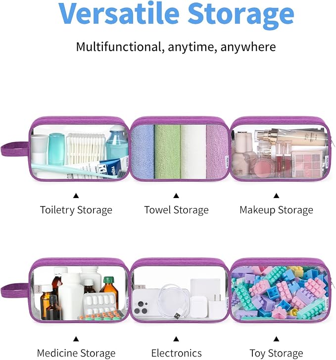 Narwey Clear Travel Toiletry Bags for Traveling Toiletries Men Women, Clear Makeup Bag Cosmetic Bag with Zipper, Make Up Pouch Organizer Bag with Handle, Skincare Beach Snack Medicine Bag, Purple