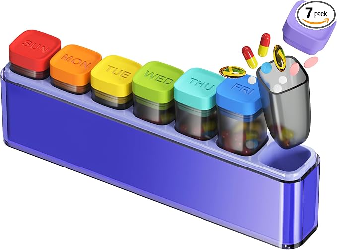 HIONXMGA Weekly Pill Organizer, Detachable 7-Color Pill Box, Easy Open | Portable Travel Pill Case Container for Daily Medication Easy Track, Privacy Protection, Built-in Quick Fill Design, Purple