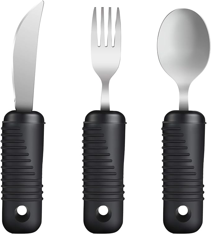 Adaptive Utensils,Easy Grip Silverware,Built-Up Fork,Spoon and Rocker Knife for Adults,Elderly,Arthritis,Tremors and Parkinsons,3 Piece Set