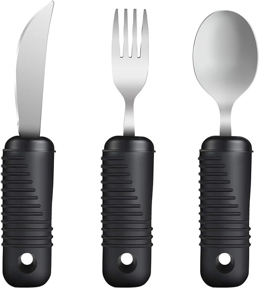 Adaptive Utensils,Easy Grip Silverware,Built-Up Fork,Spoon and Rocker Knife for Adults,Elderly,Arthritis,Tremors and Parkinsons,3 Piece Set