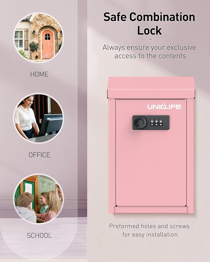 Uniclife Cash Box with Combination Lock, Wall Mounted Mailbox for Outside | Pink Code Lock Box, Metal Donation Box with Top Slot, Suggestion Box for Office and Business