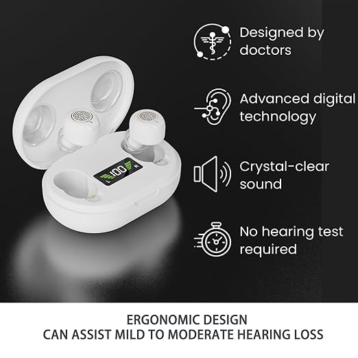 Rechargeable Hearing Aids for Seniors with Noise Reduction | OTC Hearing Aids for People with Mild Moderate Severe Hearing Loss| Automatic Noise Cancelling Comfortable Design and Wear - White