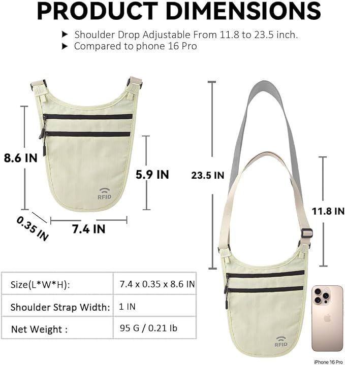 Money Belt for Travel, RFID Blocking Hidden Neck Wallet & Passport Holder | Unisex dual-strap + RFID, slim breathable, 3-compartment holds 4 passports+2 phones, durable YKK, water-resistant.