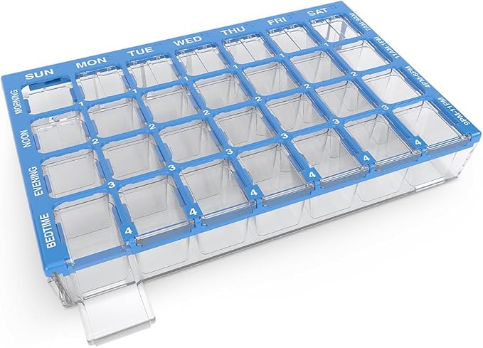 EZY DOSE Pill Organizer Weekly (7-Day), Medicine Planner, Vitamin Case/Box, Medium Compartments with Easy Fill Tray, 4 Times a Day, Easy to Use Containers, Clear Lids, Blue, BPA Free