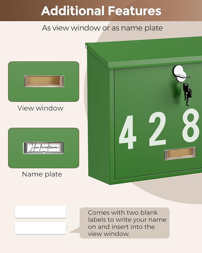 LAND·VOI Locking Wall-Mount Mailbox for Outside, with 4 Keys, Galvanized Steel Rustproof Metal Postbox, 4" Dx13.8 Wx11.2 H, Includes 3 Sets of Mailbox Numbers, Nameplate, Green