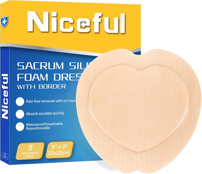 Niceful Sacral Silicone Foam Dressing, Sacrum Bed Sore Bandages for Large Wound 9"x 9"(5PCS)
