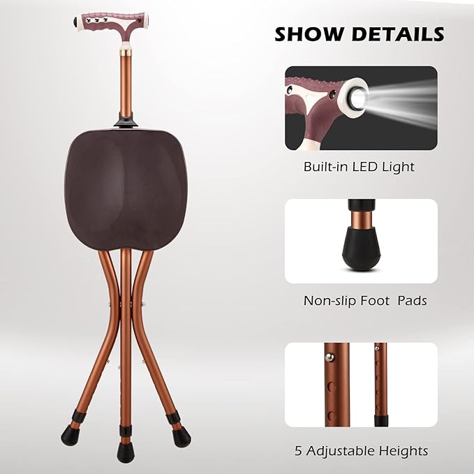 Haddockway Walking Cane with Folding Seat 440lbs Capacity Portable Crutch Chair with LED Light Adjustable Height Outdoor Rest Stool Sticks for Elderly Seniors Women Men