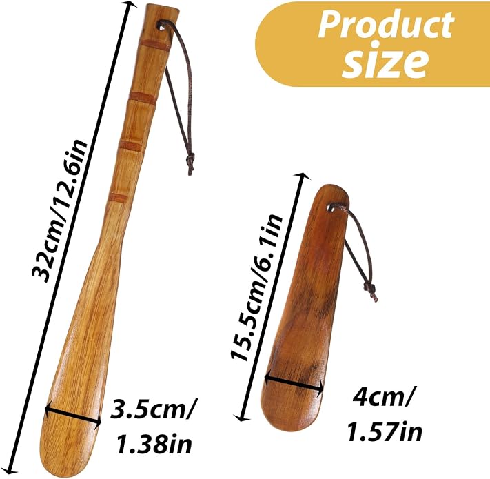 2 Pcs Wooden Shoe Horn Premium Shoe Horn Long Handle for Seniors Long Lazy Shoes Helper Spoons for Seniors Pregnancy Men Women Home or Travel (12.5 inch/6 inch)