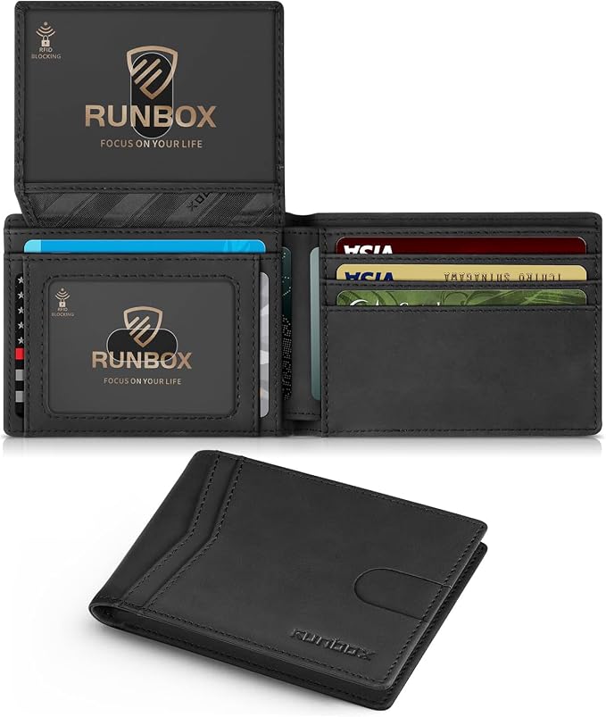 RUNBOX Wallet for Men -Slim Rfid Leather Mens Bifold Novelty Wallets 2 ID Window With Gift Box Men's Accessories | Minimalist Front Pocket Design, Holds 15 Cards, Large Capacity with Cash Pocket,Compact and Thin, Birthday Gifts for Men