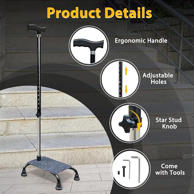 Stair Climbing Cane Half Steps for Stairs Lifts Seniors Elderly Stair Cane Walking Aids for Stability 4 Prong Base Adjustable Sticks Stair Helper Assist Devices Mobility Aids Equipment - Black