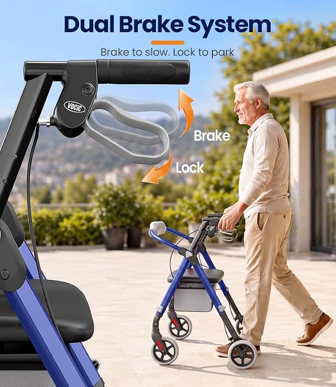 VOCIC Z11 Rollator Walkers for Seniors with Seat, 500 LBS Load, Ultra Wide | High-capacity support, 23" wide frame, ergonomic seat, dual brakes, and slim fold for home, shopping & daily walks, Blue