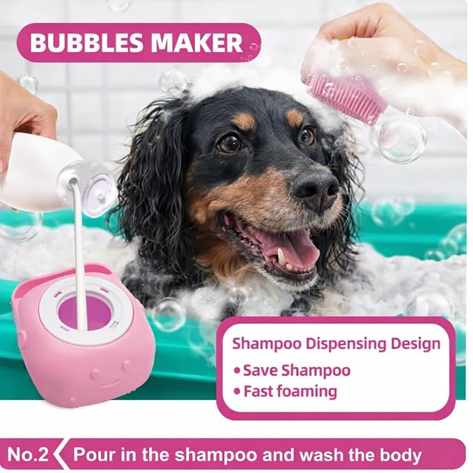 6-Piece Dog and Cat Grooming Kit - Self Cleaning Slicker Brush, Deshedding Brush, Bath Brush with Soap Dispenser, Grooming Bath Gloves, Microfiber Towel and Storage Pouch (Pink)