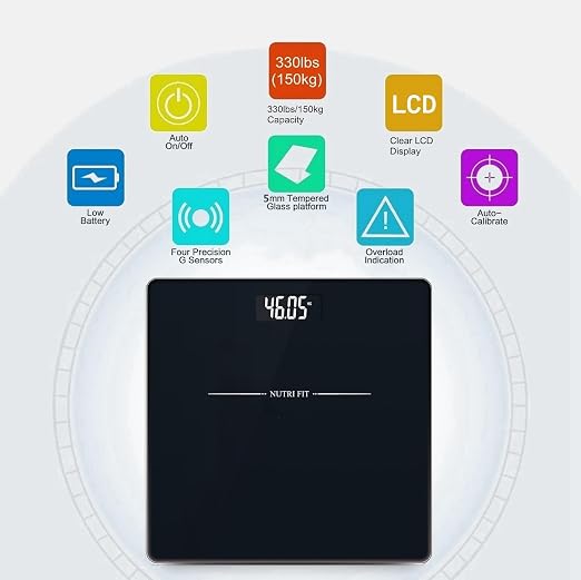 NUTRI FIT Digital Bathroom Scale for Body Weight Loss Watchers Electri Scales, 50g/0.1lb Discrepancy, Clear Backlit LCD Display and Step-On Techhology, 2*AAA Batteries Included, 330lb/150kg, Jet Black