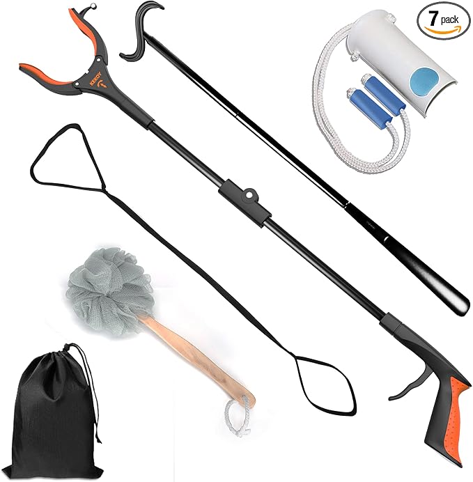 KEKOY Hip Kit, 7 in 1 Post Surgery Recovery Kit for Seniors | Hip Replacement Kit With 32" Grabber Tool, Sock Aid, Long Shoe Horn & Dressing Stick, Leg Lifter, Bath Sponge, Storage Bag