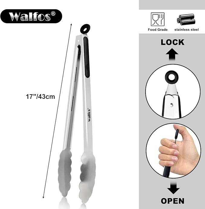 Walfos 17 Inch Extra Long Grill Tongs Set of 2, Ultimate Stainless Steel Tongs for Grilling, Cooking, BBQ/Barbecue, Buffet and Turning Food
