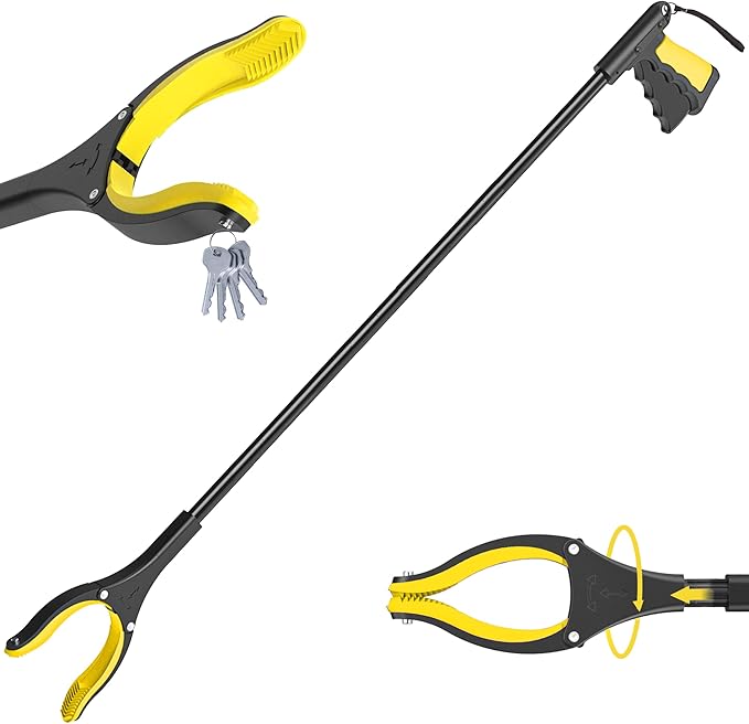59 Inch Extra Long Grabber Reacher Tool，Pick Up Stick for Seniors with Strong Grip Magnetic，360°Rotating Anti-Slip Jaw 4" Wide Claw Opening,Hand Grabber for Reaching (YellowBlack, 59INCH)