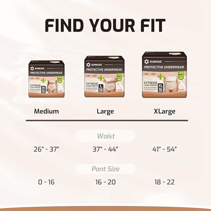 SUNKISS Women Incontinence Underwear, Daytime Disposable Postpartum Adult Panties, Protective Pull Ups with Maximum Absorbency, XLarge, Beige, 32 Count