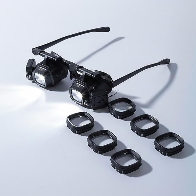 24X Headband Magnifying Glasses with 2 LED Lights, Hands-Free Head Mount Magnifier with 4 Sets of Interchangeable Lenses (2X, 6X, 10X, 24X) for Jewelry Loupe, Watch Repair, Crafting and Reading