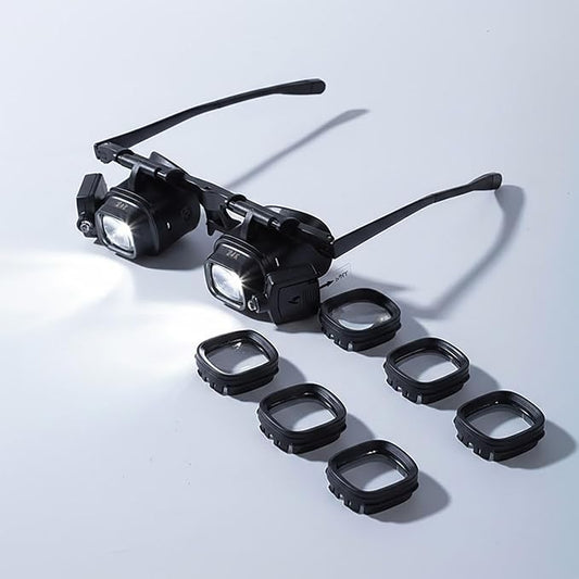 24X Headband Magnifying Glasses with 2 LED Lights, Hands-Free Head Mount Magnifier with 4 Sets of Interchangeable Lenses (2X, 6X, 10X, 24X) for Jewelry Loupe, Watch Repair, Crafting and Reading