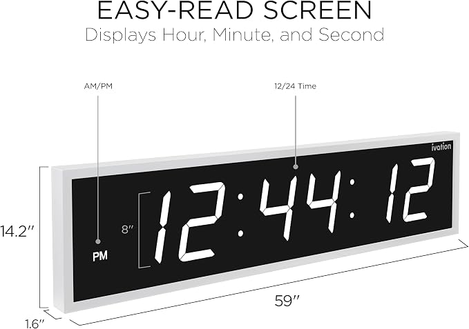 Ivation Huge Oversized 60" Large Digital LED Clock | Big Digital Clock w/Multi-Function Display – Stopwatch, Timer, Alarms, Temp & Date | 6 Brightness Levels, Time Memory & Remote (White)
