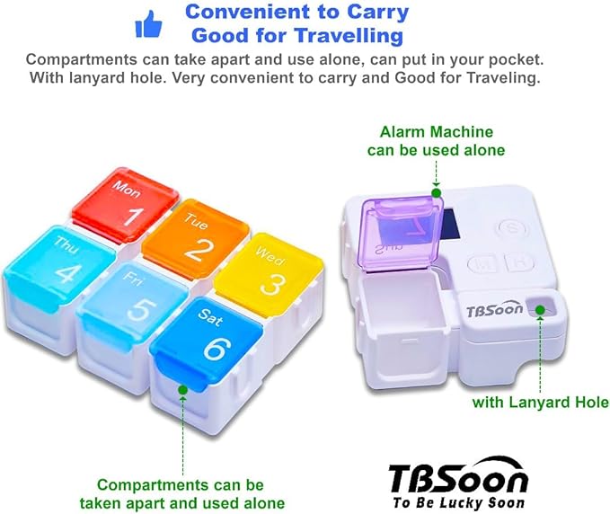 7 Day Medicine Pill Organizer, 4 Reminder Alarms, Loud Sound, 7 Large Compartments, Large Screen, Moisture-Proof, Dust-Proof, Travel Weekly/Daily Pill Box/Organizer/Case/Container/Dispenser, TBSoon