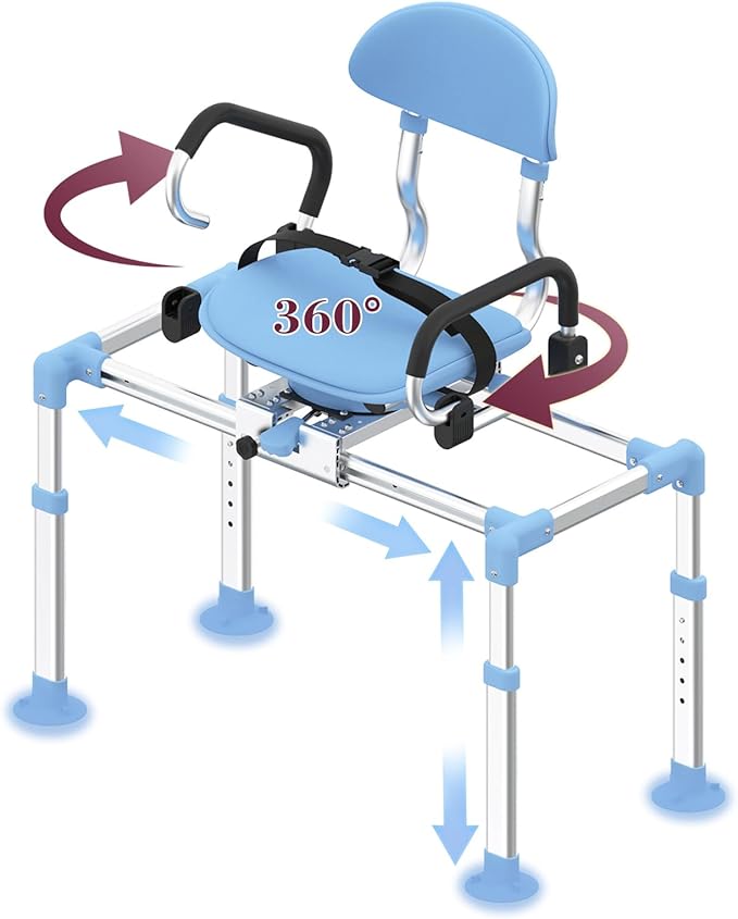 Sliding Shower Chair with 360°Swivel Seat, Adjustable Height & Backrest Shower Chair Tub Transfer Bench with Safety Belt, Pivoting Armrests Swivel Shower Chair for Elderly, 330 Lb Capacity Blue