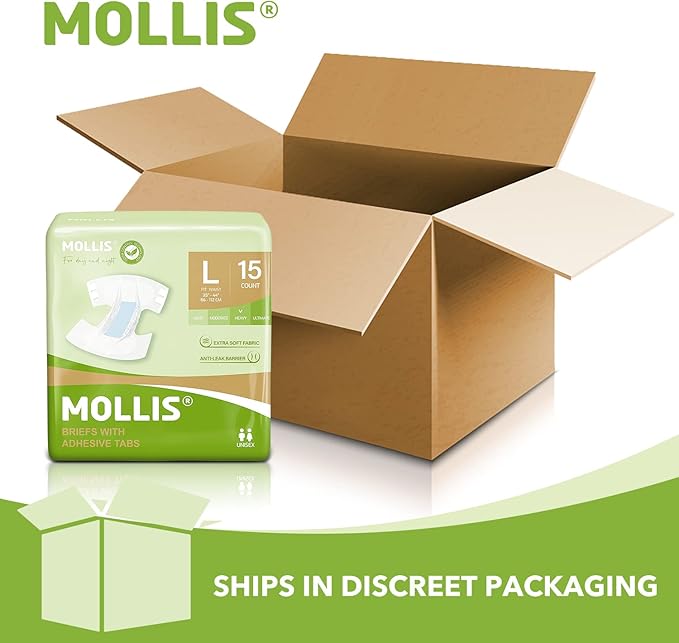 MOLLIS Adult Diapers for Women and Men, Unisex Disposable Incontinence Briefs with Tabs, Odor Control, Large, 15 Count
