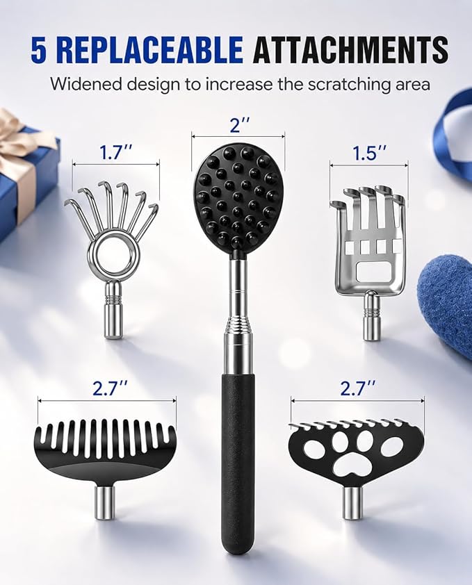 Telescoping Back Scratcher with 5 Detachable Heads, Gifts for Men Dad Black | 10-31'' Reach,Stainless Steel, Non-Slip Grip, Birthday Gifts for Men Women, Christmas Stocking Stuffers, White Elephant Gifts