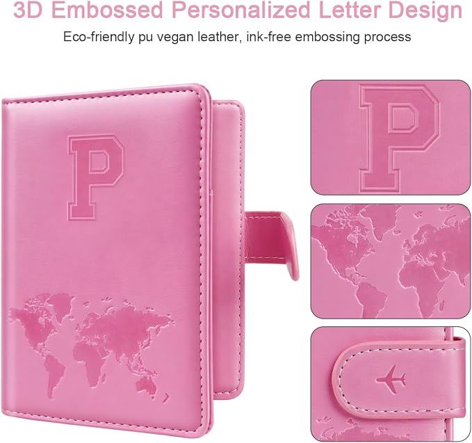 Passport Holder Cover Initial Letter A-Z Travel Wallet Personalized | Travel Essentials, Embossed Design, RFID Blocking, Personalized Gift, Passport Book Holders for Women Girls, Pink-P
