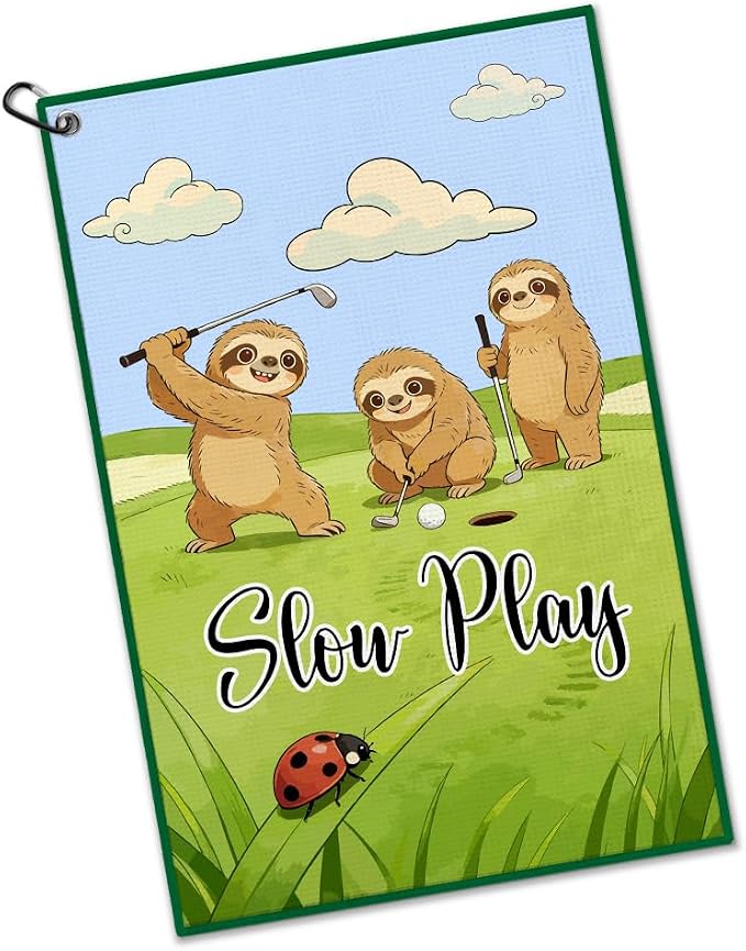 Slow Play Golf Towel with Clip, Funny Sloth Golf Bag Accessories for Men, Golfing Accessories for Men Women, Golfing Gifts for Sloth Sport Lover, Birthday Retirement Gifts for Golfer Fan Friend