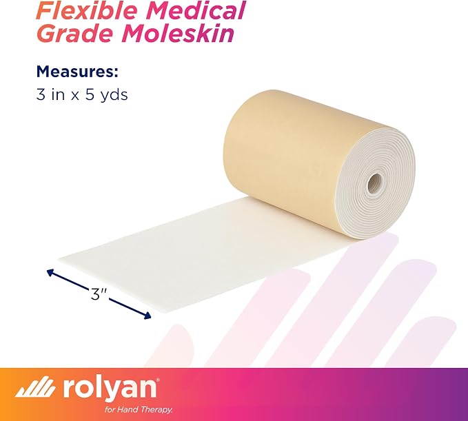 Rolyan Non-Latex Moleskin Roll, 3" x 5 yards, Beige, Padding with Paper Backed Adhesive, Cut to Fit for Splints, Braces, and Casts, Soft Flexible Tape for Blister Prevention & Skin Protection