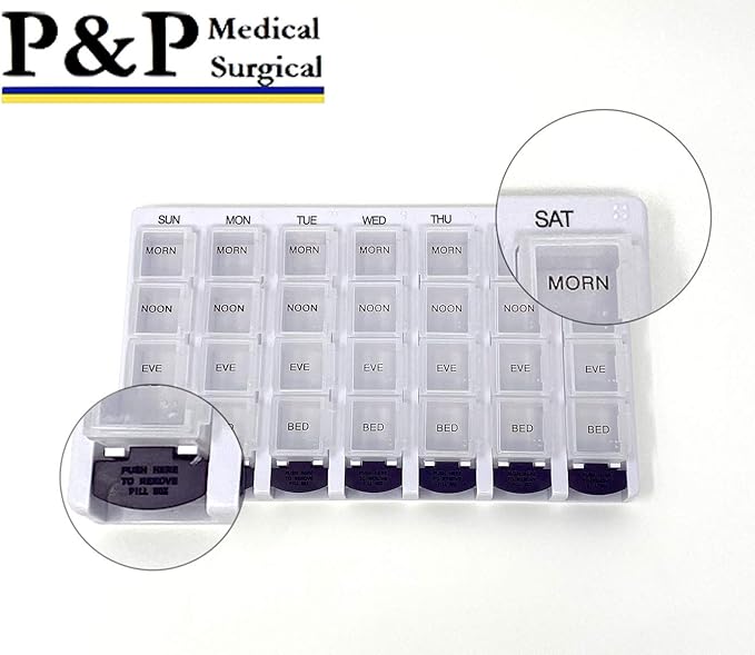Weekly AM/PM Pill Box Portable Travel Prescription & Medication Pill Case Organizer by P&P MEDICAL SURGICAL (7-Day / 4-Times-A-Day) with Removable Compartments and Moisture-Proof Design