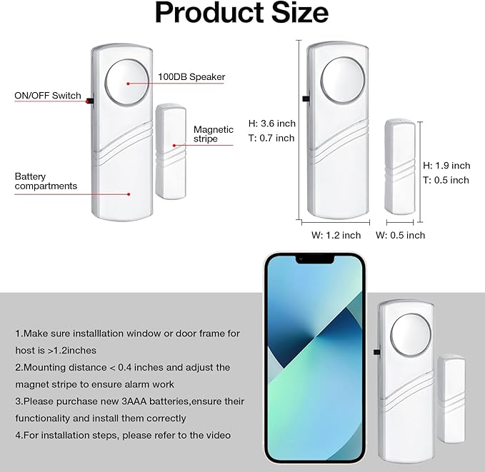 Door Window Alarm, 90dB Wireless Sensor Door Window Burglar Alarm for Home Security, Kids Safety and Office, Garage, Apartment, House, Easy Installation