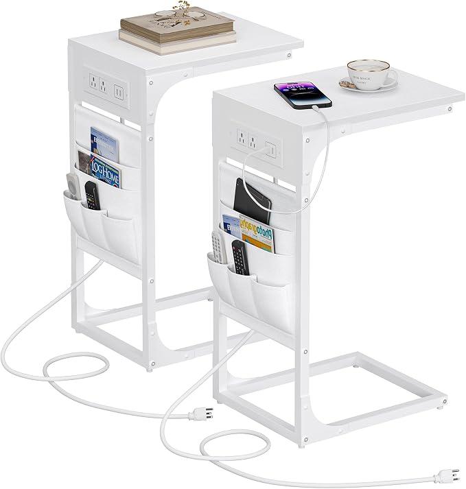 TUTOTAK C Shaped End Table with Charging Station, Side Table for Sofa | Couch Table with Storage Bag, TV Tray with 2 USB Ports and Outlets, Set of 2, Living Room and Bedroom, White TB01BW0242