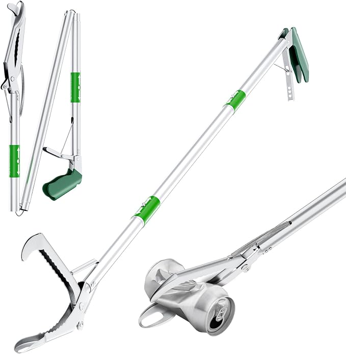 50" Foldable Grabber Reacher Tool with Green Handle, Extra Long Lightweight Trash Pickup & Litter Picker, 3-Fold Stainless-Steel Reaching Aid for Home, Office & Garden Use