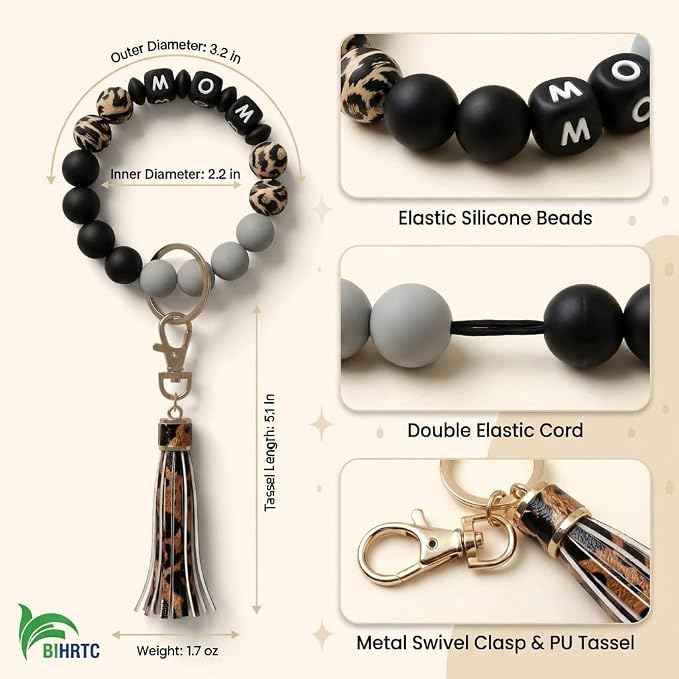 BIHRTC Key Ring Bracelet Car Keychain Holder Wristlet Silicone Women Beaded Bangle Chains