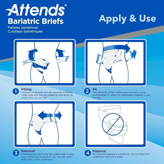 Attends Bariatric Incontinence Disposable Briefs, 3X-Large, Up to 85" Waist with Tab Closures, Ultimate Absorbency, Dry-Lock Containment Core and ConfidenceCuff Leakage Protection, 3XL 12ct Bag