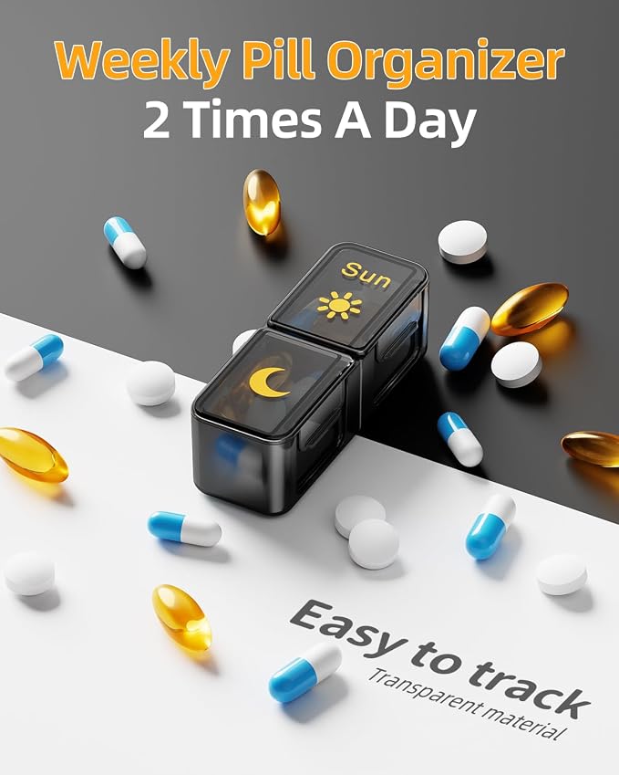 Betife AM PM Pill Organizer 7 Day, Weekly Pill Organizer 2 Times a Day, Daily Pill Box AM PM, Portable Travel Medicine Case, Day and Night Pill Container for Medication, Vitamin or Supplement（BG）