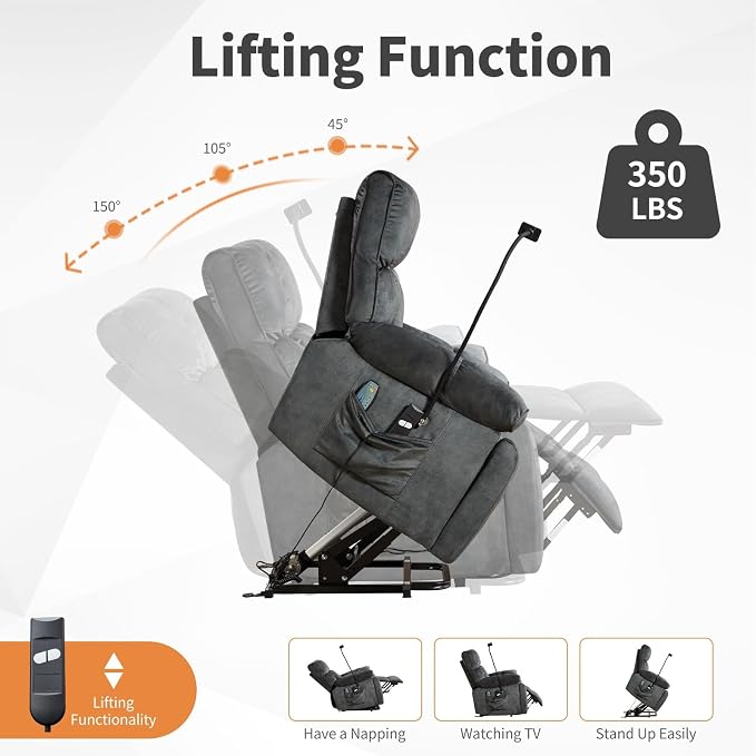Power Lift Recliner for Elderly with Heat & Massage, Grey | Heat & Massage, Wide Electric Reclining Chair, Cup Holder, Phone Holder & Side Pockets
