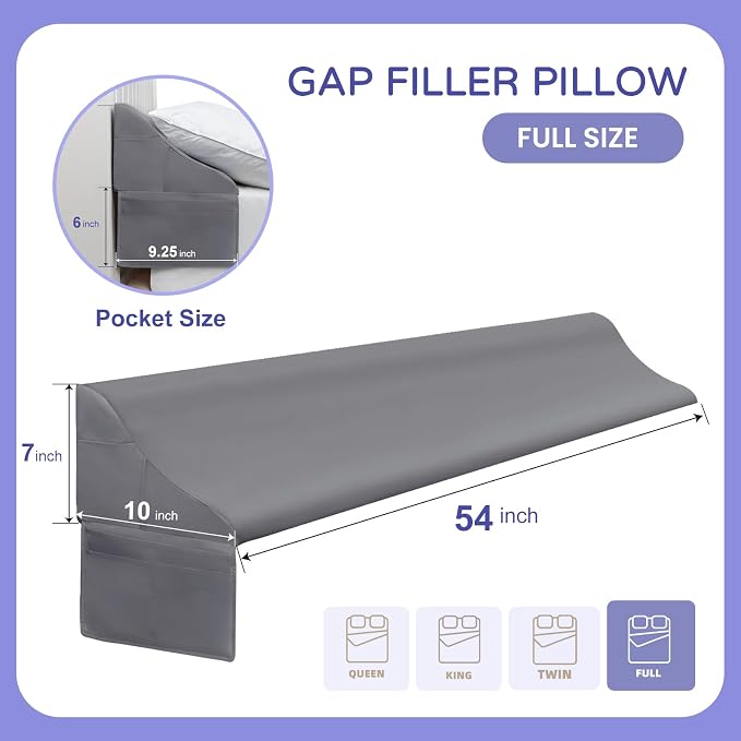 Vekkia Full Size Bed Wedge Pillow for Headboard/Bed Wedge Gap Filler/Mattress Gap Filler/Wedge Pillow to Close the Gap (0-6") Between Your Headboard and Mattress, (Grey 54"x10"x7")