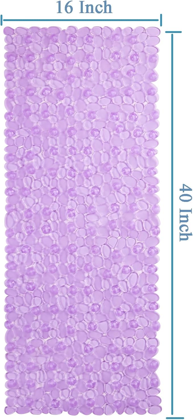 Bath Shower Mat Non Slip: Extra Large Pebble Bathtub mat for Families, Anti Slip Shower Matt with Drain Holes Suction Cups Tub Mat - 16 X 40 Inch Clear Purple